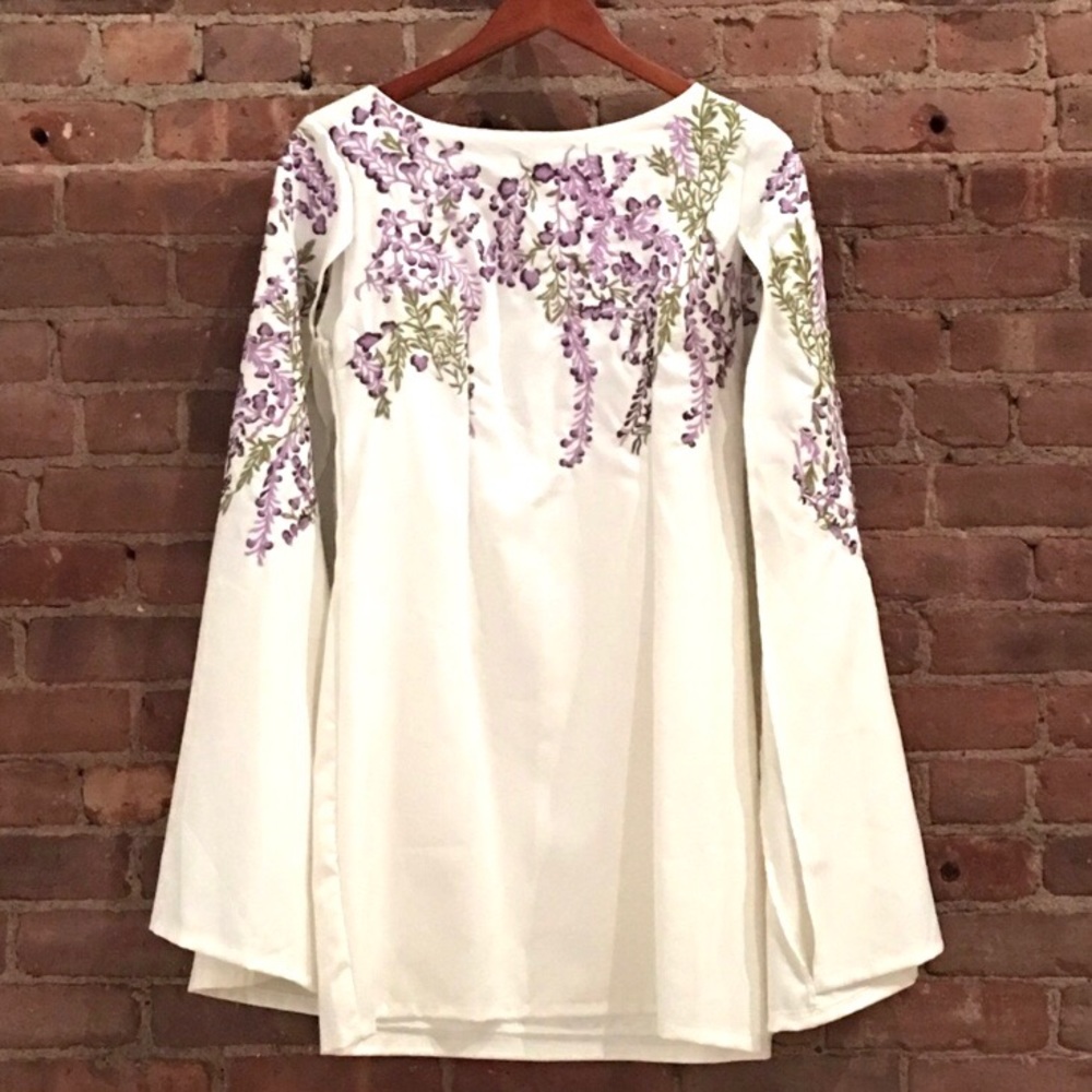 NWOT - White Embroidered Cape/Bell Sleeved Dress